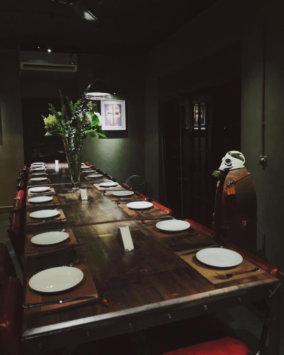 A long table set in the private dining room